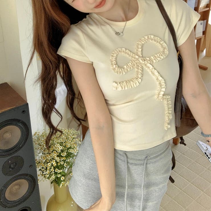 くしゅくしゅリボンデザインTシャツ[品番：SHNW0011419]｜LADY