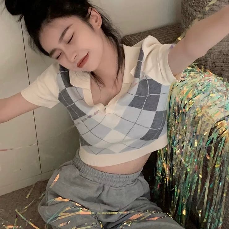 アーガイル柄半袖スキッパーニット[品番：SHNW0011479]｜LADY