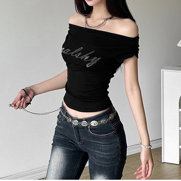 ラインストーンロゴオフショルトップス[品番：SHNW0011554]｜LADY LIKE