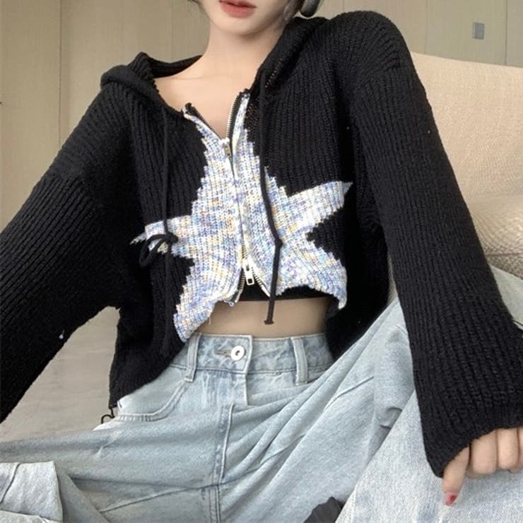 ブラック | クロップド丈星柄ジップニット | LADY LIKE 