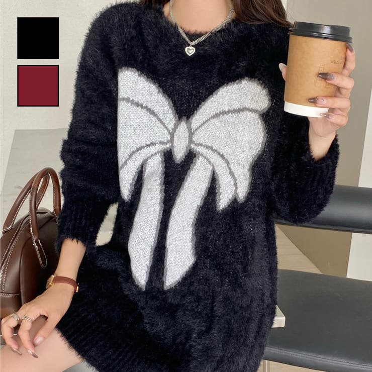 ビッグリボン柄ゆったりシャギーニット | LADY LIKE  | 詳細画像1 