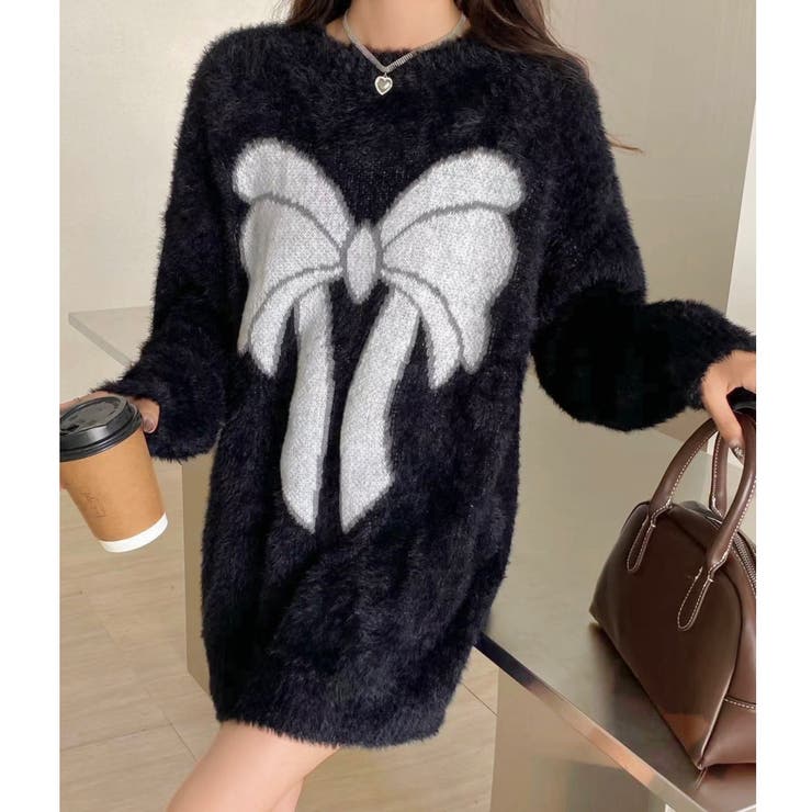 ブラック | ビッグリボン柄ゆったりシャギーニット | LADY LIKE 