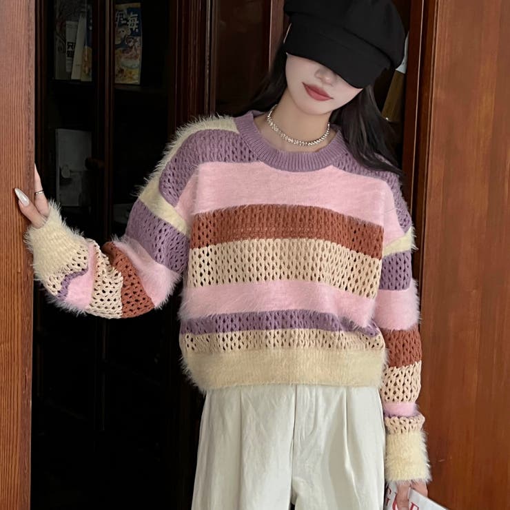 クロップド丈シャギーミックスボーダーニット | LADY LIKE  | 詳細画像2 