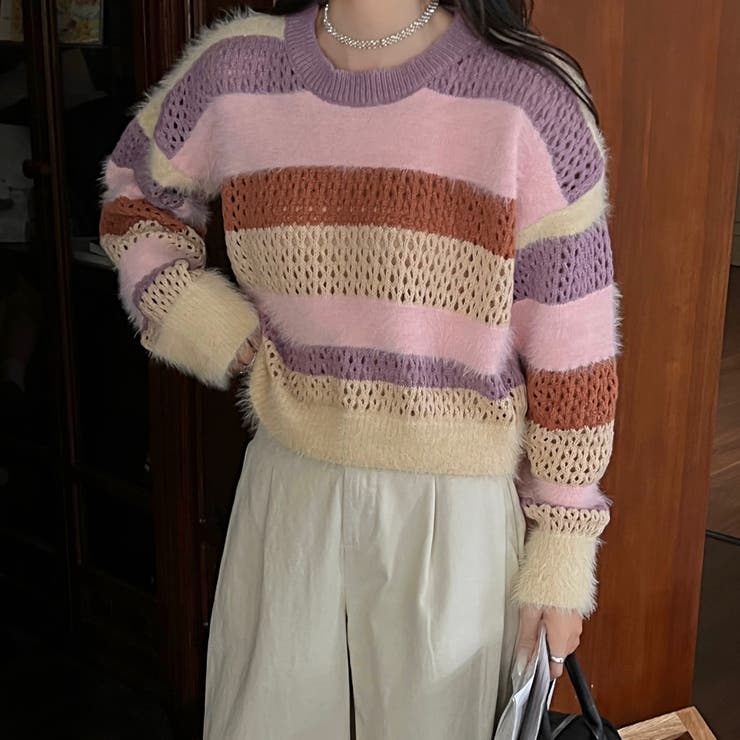 クロップド丈シャギーミックスボーダーニット | LADY LIKE  | 詳細画像3 