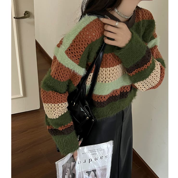 グリーン | クロップド丈シャギーミックスボーダーニット | LADY LIKE 