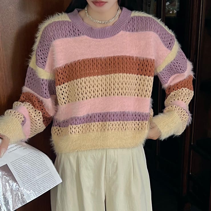 クロップド丈シャギーミックスボーダーニット | LADY LIKE  | 詳細画像4 