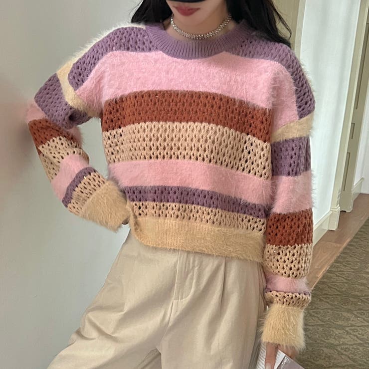 クロップド丈シャギーミックスボーダーニット | LADY LIKE  | 詳細画像7 