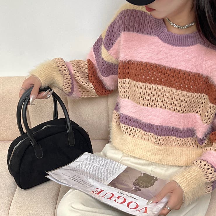 ピンク | クロップド丈シャギーミックスボーダーニット | LADY LIKE 