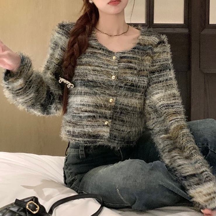 ラウンドネックボーダーシャギーカーディガン | LADY LIKE  | 詳細画像10 