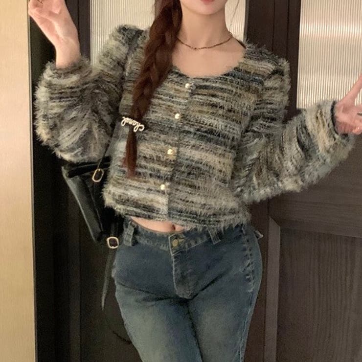 ラウンドネックボーダーシャギーカーディガン | LADY LIKE  | 詳細画像12 