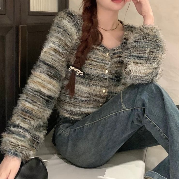 ラウンドネックボーダーシャギーカーディガン | LADY LIKE  | 詳細画像14 