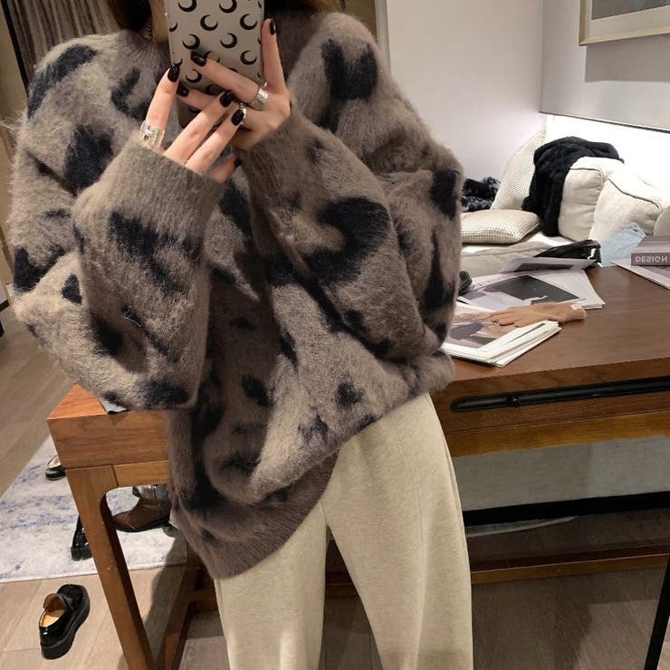 レオパード風バイカラーオーバーサイズニット | LADY LIKE  | 詳細画像6 