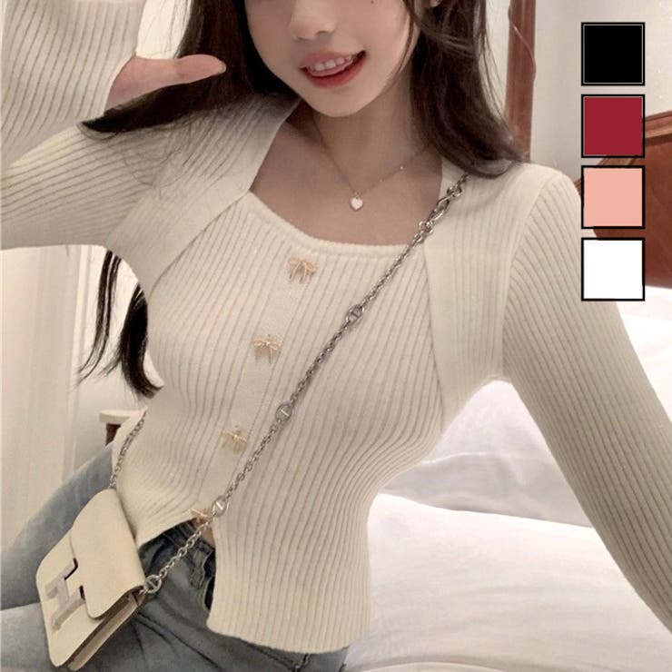 リボンボタンデコルテ空きリブニット | LADY LIKE  | 詳細画像1 