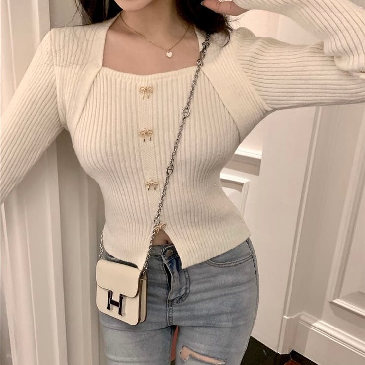 リボンボタンデコルテ空きリブニット | LADY LIKE  | 詳細画像3 