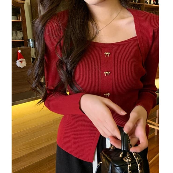 レッド | リボンボタンデコルテ空きリブニット | LADY LIKE 