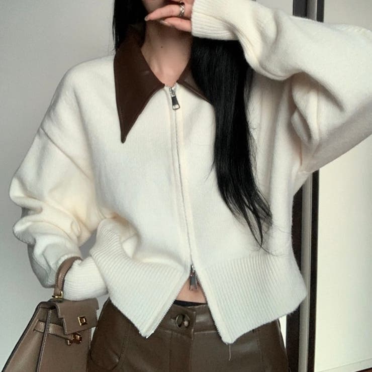 ベージュ | フェイクレザー切替え衿ダブルジップニット | LADY LIKE 