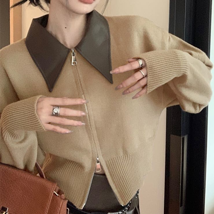 フェイクレザー切替え衿ダブルジップニット | LADY LIKE  | 詳細画像14 