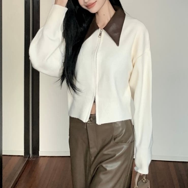 フェイクレザー切替え衿ダブルジップニット | LADY LIKE  | 詳細画像2 