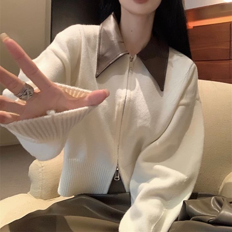 フェイクレザー切替え衿ダブルジップニット | LADY LIKE  | 詳細画像3 