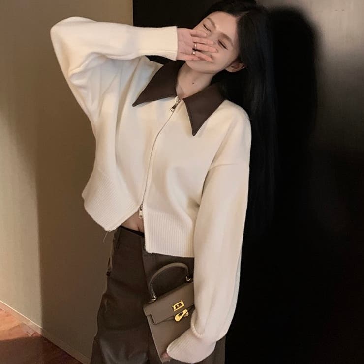 フェイクレザー切替え衿ダブルジップニット | LADY LIKE  | 詳細画像4 