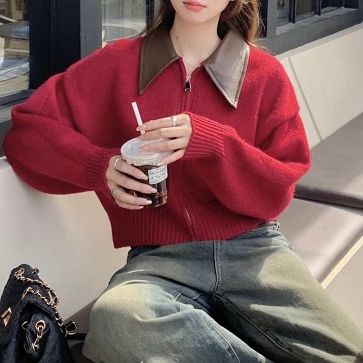 フェイクレザー切替え衿ダブルジップニット | LADY LIKE  | 詳細画像7 