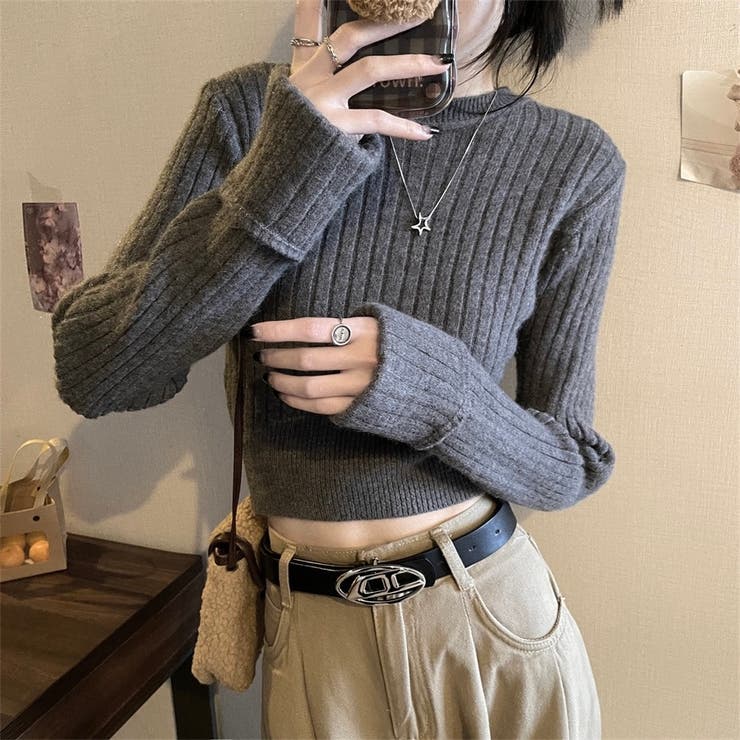 グレー | 袖口ダブルクロップド丈ニット | LADY LIKE 