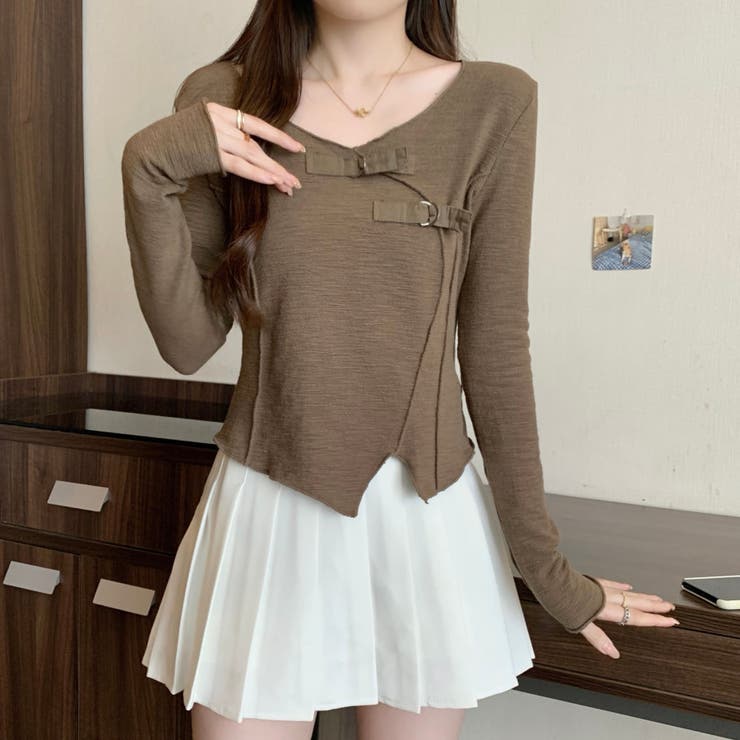 ブラウン | サテンベルト付きアシンメトリートップス | LADY LIKE 