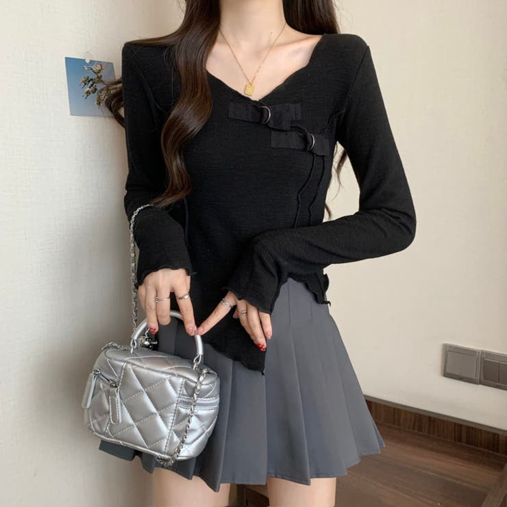 ブラック | サテンベルト付きアシンメトリートップス | LADY LIKE 