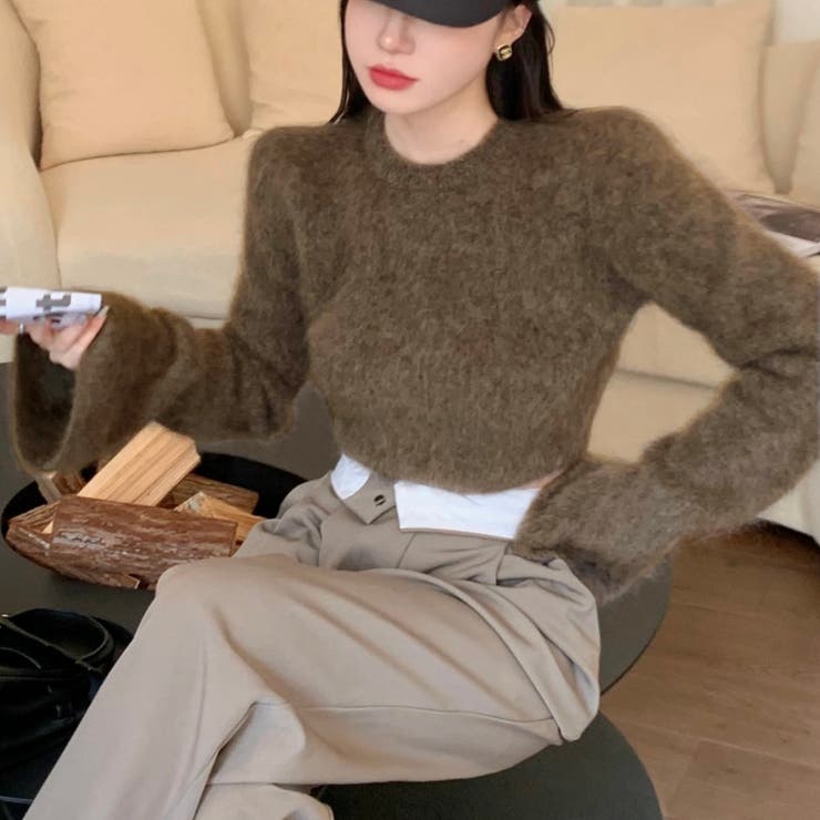 モカ | クロップド丈ベルスリーブシャギーニット | LADY LIKE 