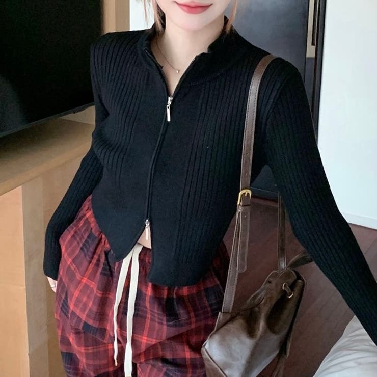 ブラック | ダブルジップモックネックリブニット | LADY LIKE 