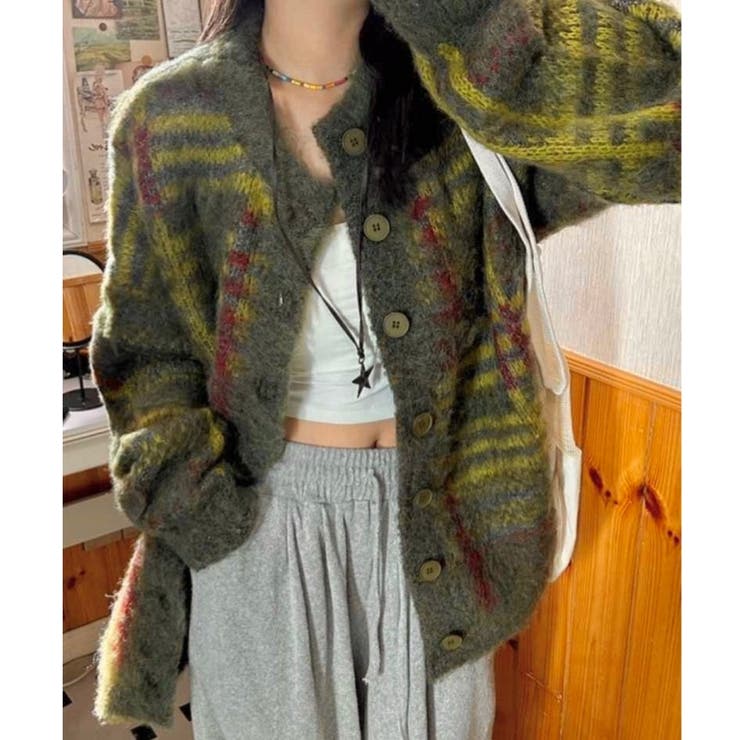 グリーン | 丸首チェックオーバーサイズカーディガン | LADY LIKE 