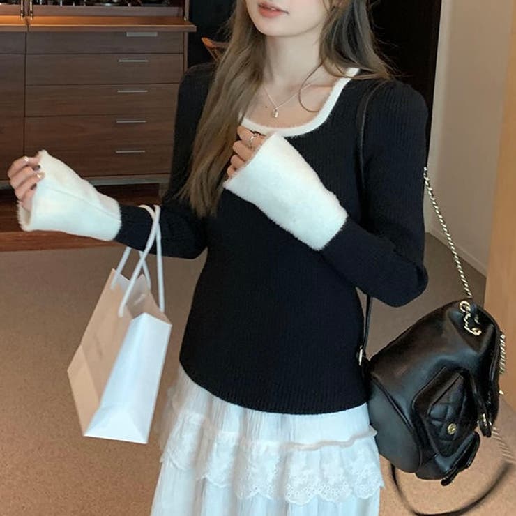 ブラック | バイカラーフレアスリーブリブニット | LADY LIKE 