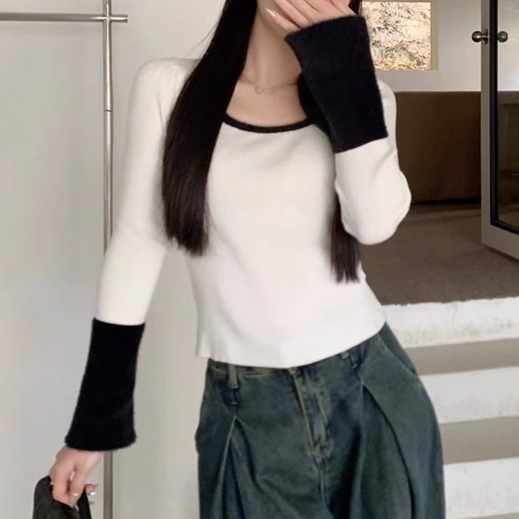 ホワイト | バイカラーフレアスリーブリブニット | LADY LIKE 
