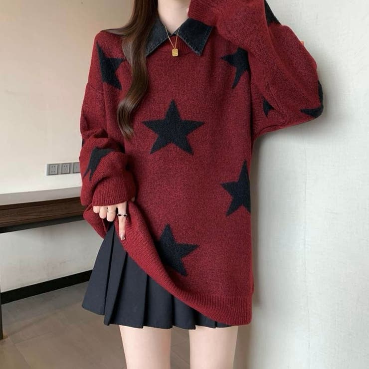 付け衿セットバイカラー星柄ニット[品番：SHNW0011990]｜LADY LIKE