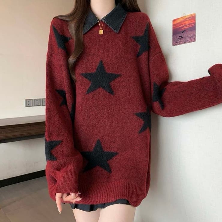 付け衿セットバイカラー星柄ニット[品番：SHNW0011990]｜LADY LIKE