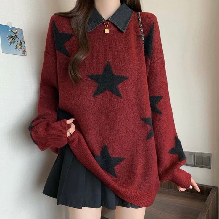付け衿セットバイカラー星柄ニット[品番：SHNW0011990]｜LADY LIKE