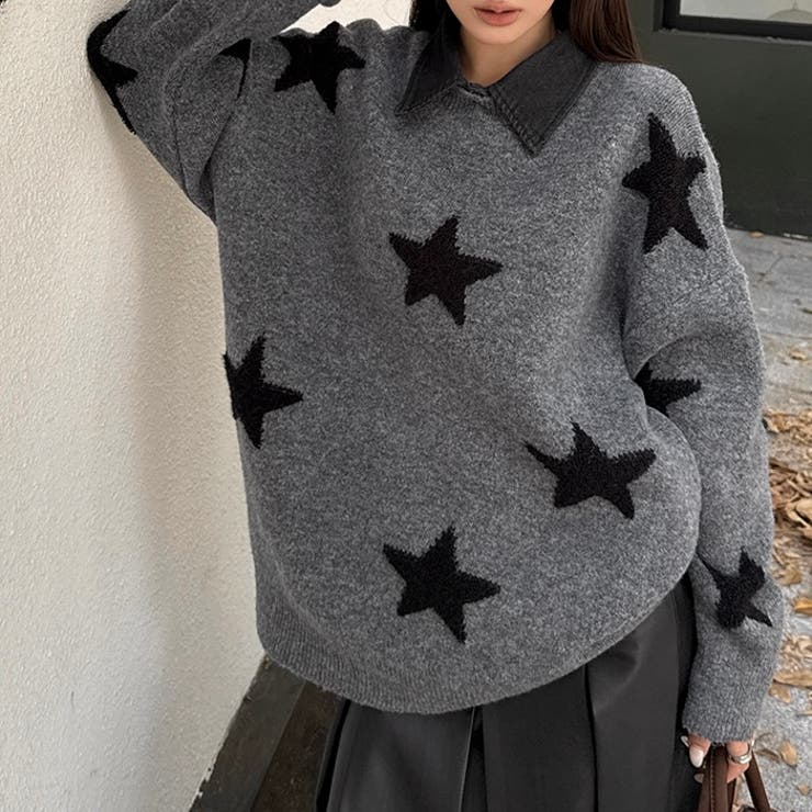 付け衿セットバイカラー星柄ニット[品番：SHNW0011990]｜LADY LIKE