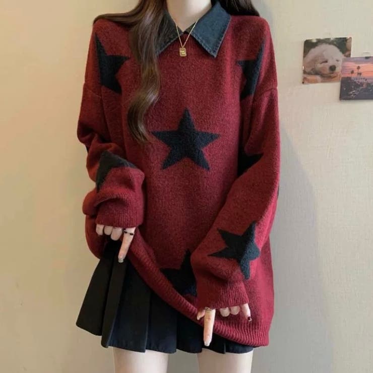 付け衿セットバイカラー星柄ニット[品番：SHNW0011990]｜LADY LIKE
