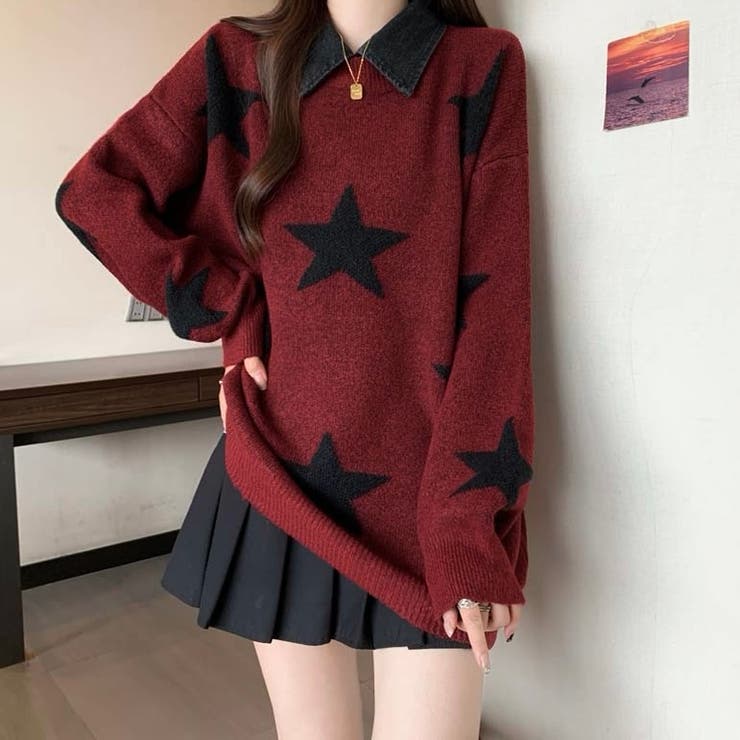 付け衿セットバイカラー星柄ニット[品番：SHNW0011990]｜LADY LIKE