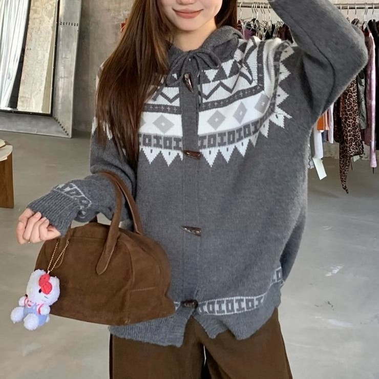 ダークグレー | オルテガ柄ニットパーカー | LADY LIKE 
