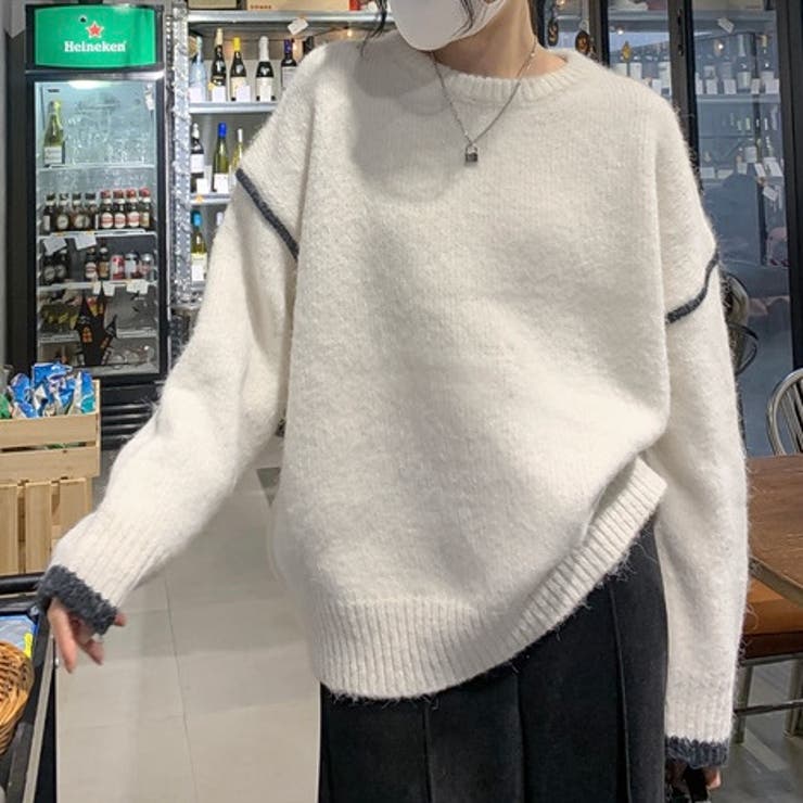 ホワイト | ラインアクセントバイカラーニット | LADY LIKE 