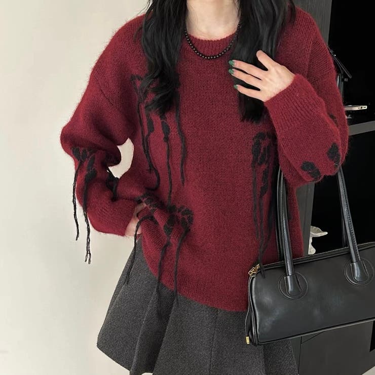 レッド | リボンデザインゆったりニット | LADY LIKE 