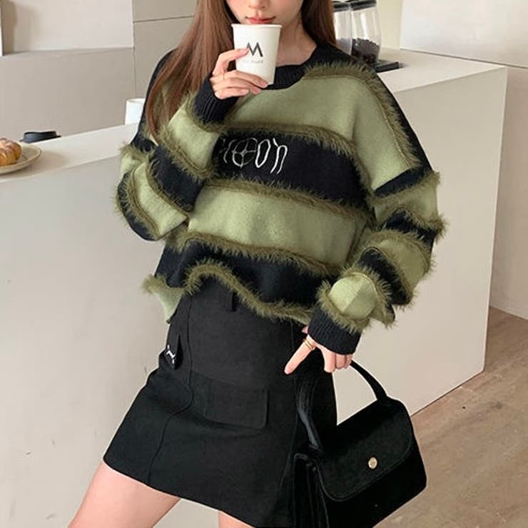 グリーン | 太ボーダーロゴ入りニット | LADY LIKE 