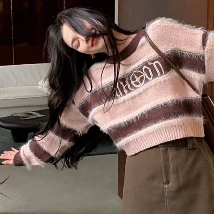 ピンク | 太ボーダーロゴ入りニット | LADY LIKE 