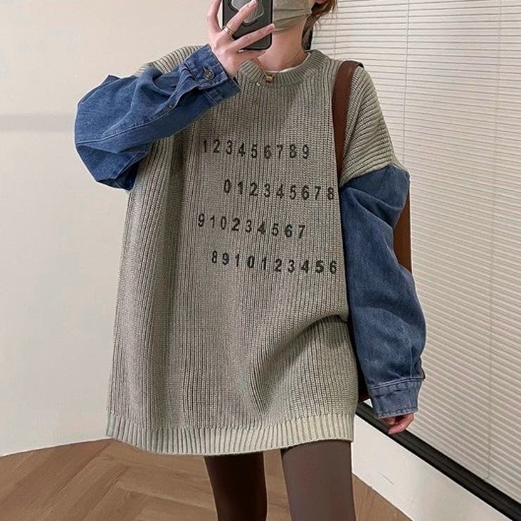 グレー | デニムスリーブ切替えニット | LADY LIKE 