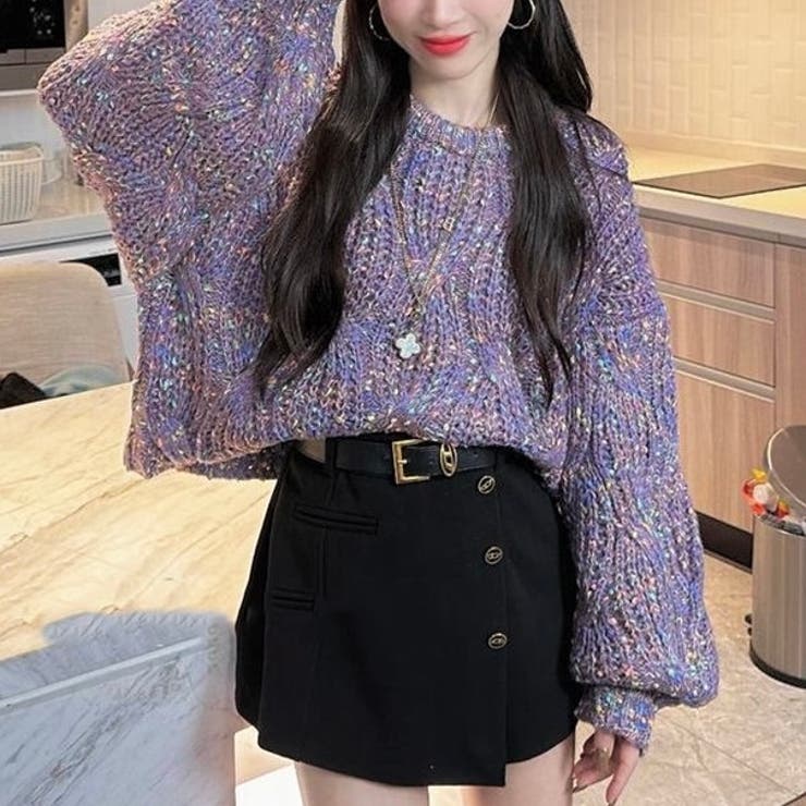 パープル | ミックスカラーケーブル編みニット | LADY LIKE 