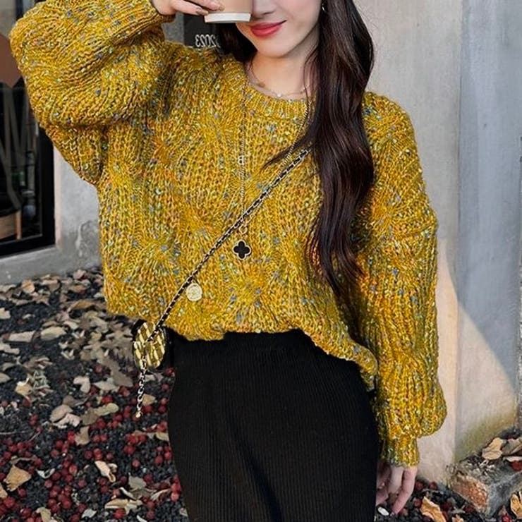 イエロー | ミックスカラーケーブル編みニット | LADY LIKE 