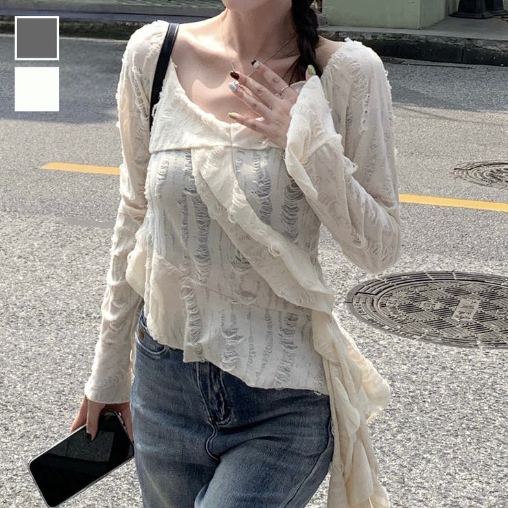 ダメージ加工アシンメトリーフリルトップス[品番：SHNW0012165]｜LADY