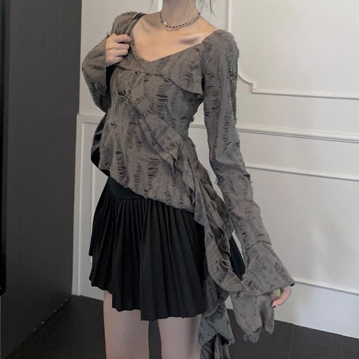 春夏新作】ダメージ加工アシンメトリーフリルトップス[品番