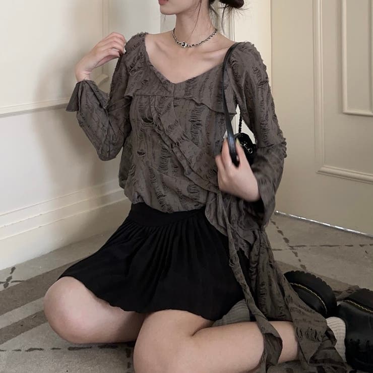 春夏新作】ダメージ加工アシンメトリーフリルトップス[品番